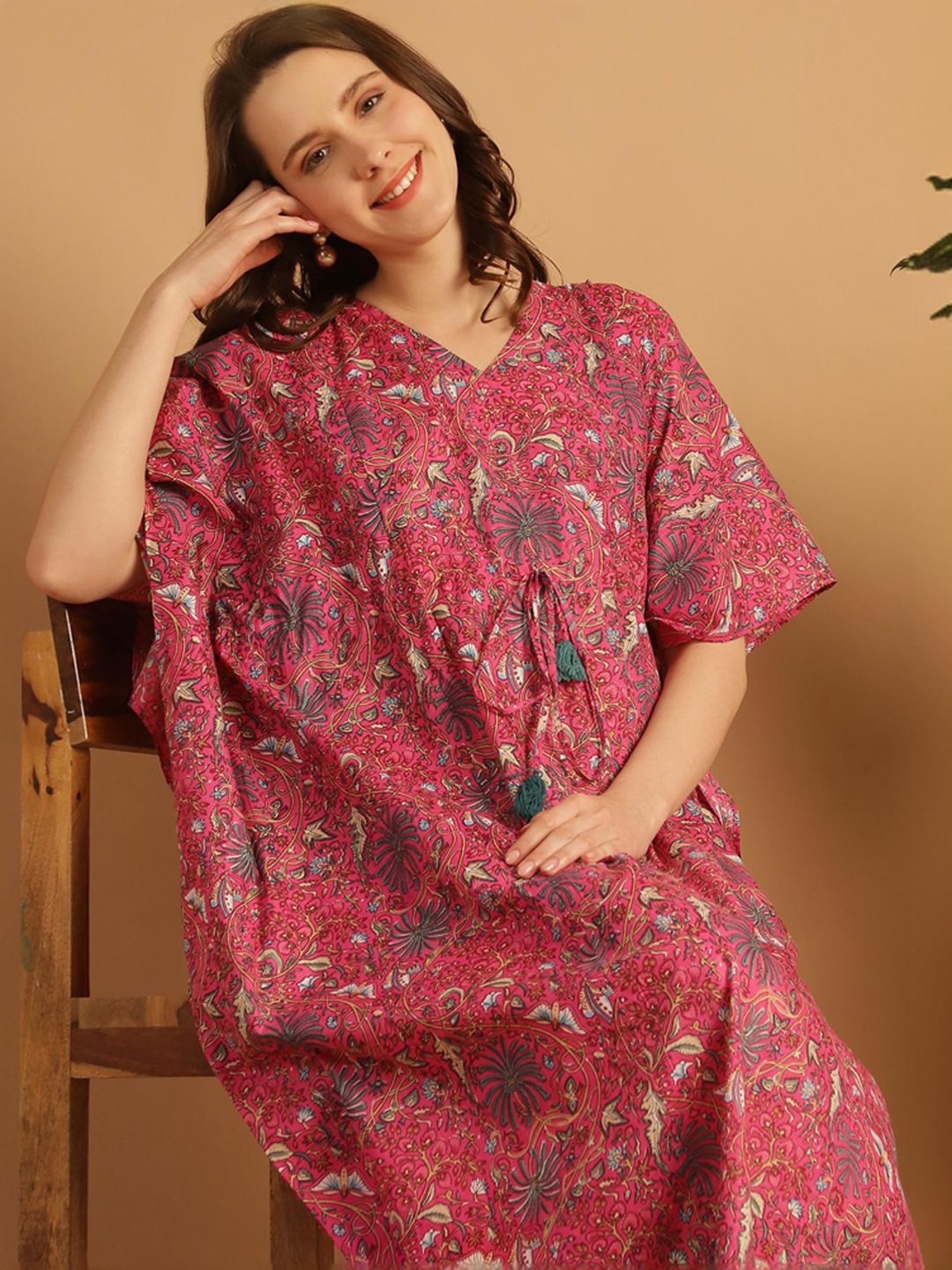 Secret Wish Pink Cotton Floral Print Kaftan