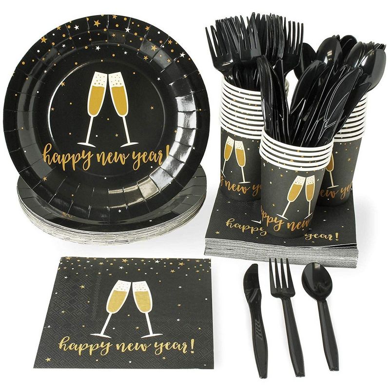 Juvale 144 Piece Happy New Year Disposable Party Supplies Serves 24 - Paper Plate, Napkin, Cup & Cutlery