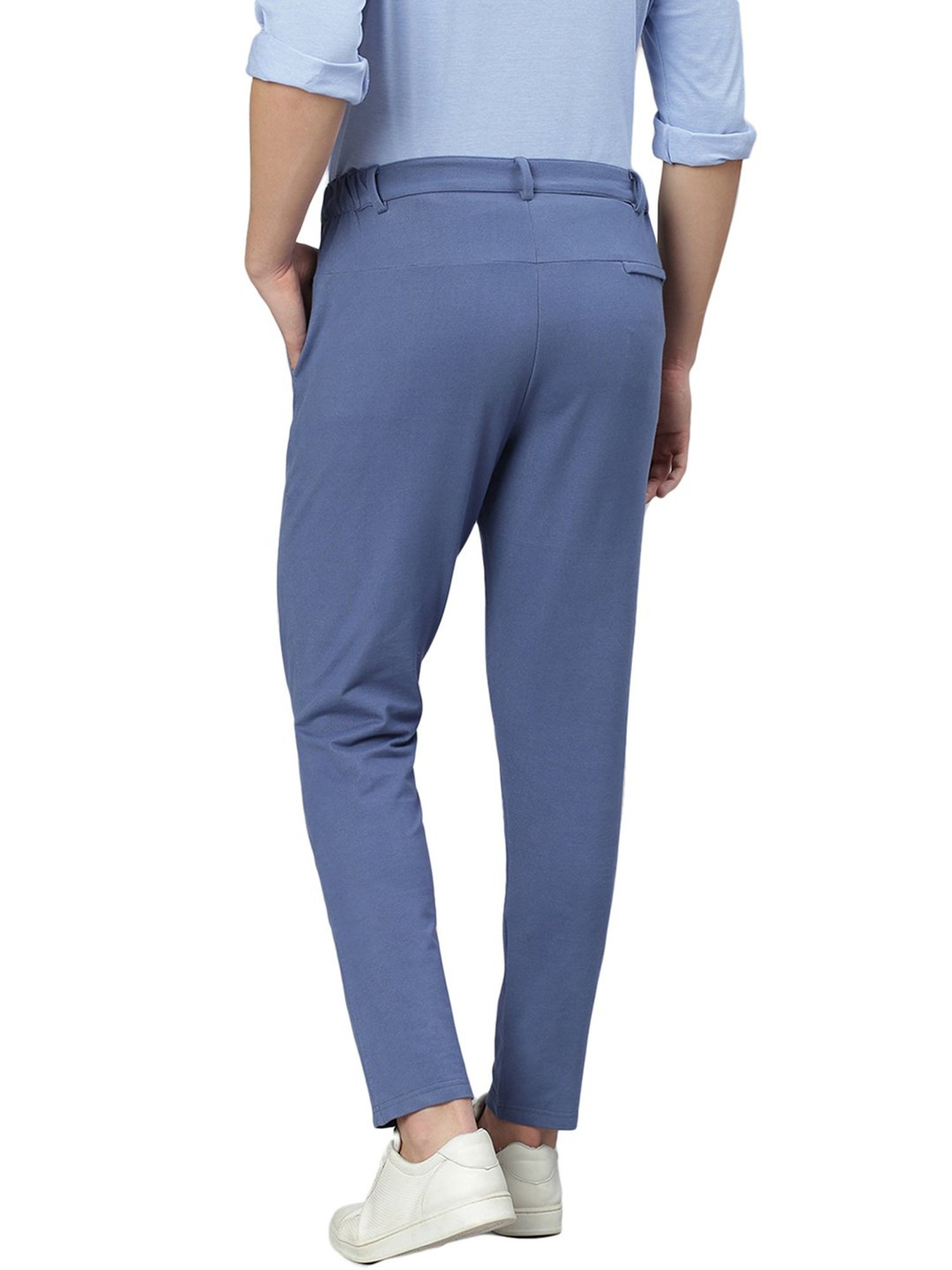 Slowave Light Blue Regular Fit Denim Flat Front Trousers