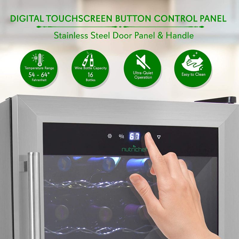 NutriChef Digital Electric 16 Bottle Adjustable Temperature Thermoelectric Freestanding Wine Chiller Cooler Cabinet Fridge, Black