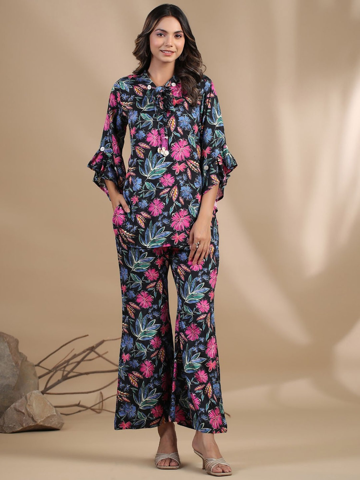 READIPRINT FASHIONS Black Floral Print Top Palazzo Set