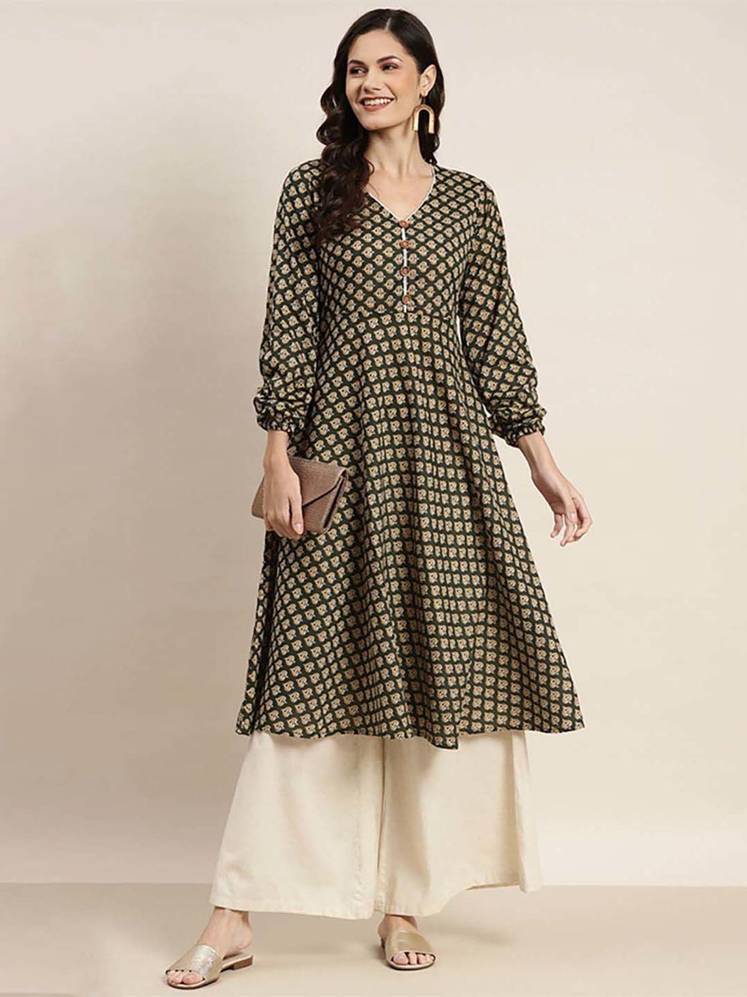 Jompers Green Cotton Printed A Line Kurta