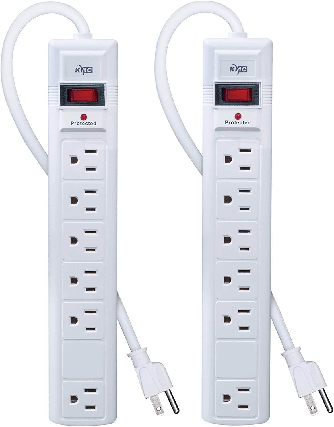 KMC 6-Outlet Surge Protector Power Strip with 6 Feet Cord, 1200 Joule 2- Pack, Overload Protection, White