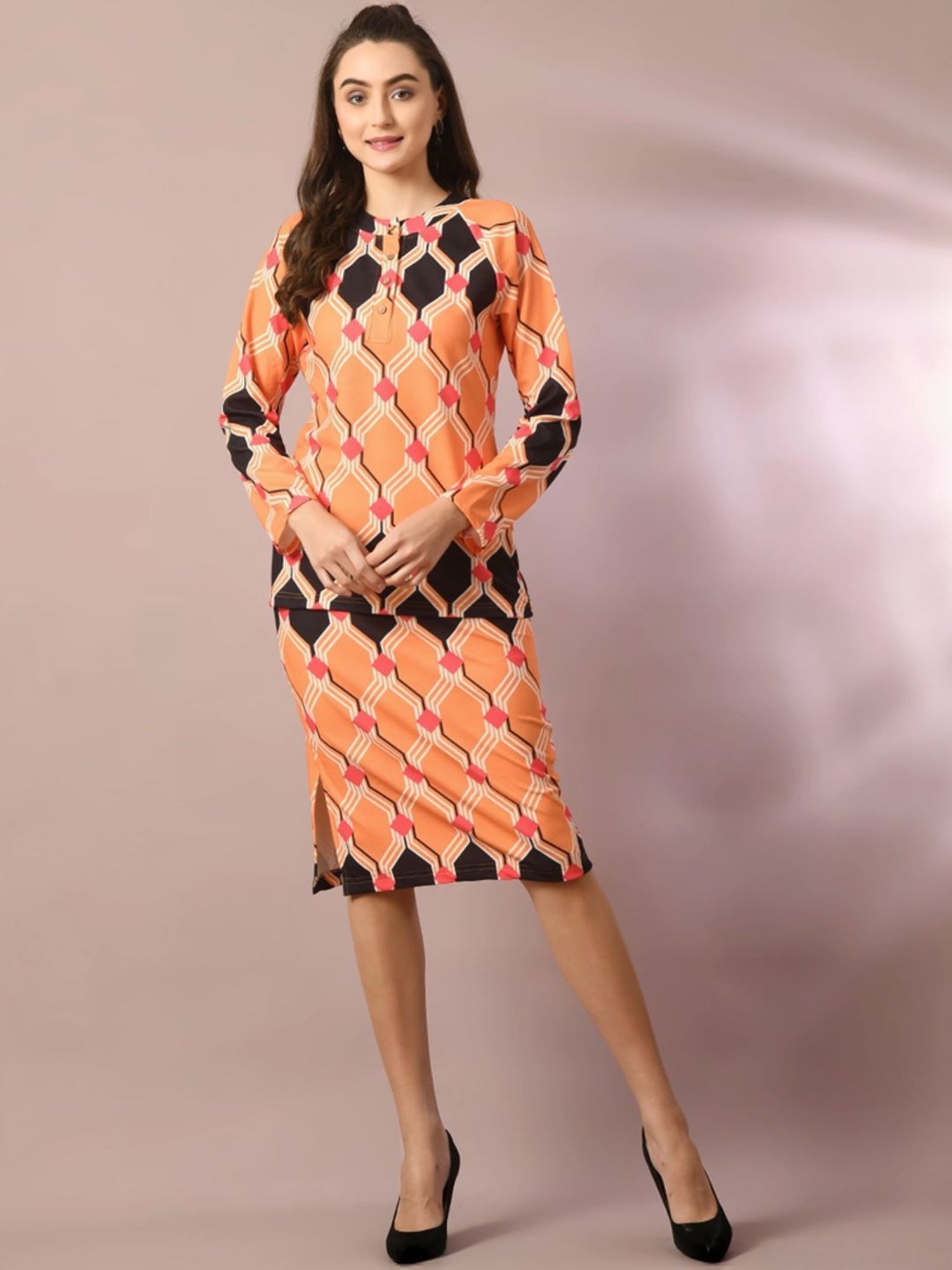 Myshka Orange Printed Bodycon Skirt