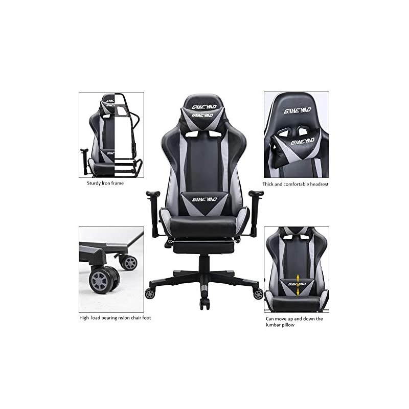 Back PU Leather Swivel Gaming Chair with Adjustable Lumbar Support Headrest Footrest Video Game Chair Racing Office Chair (Bule)