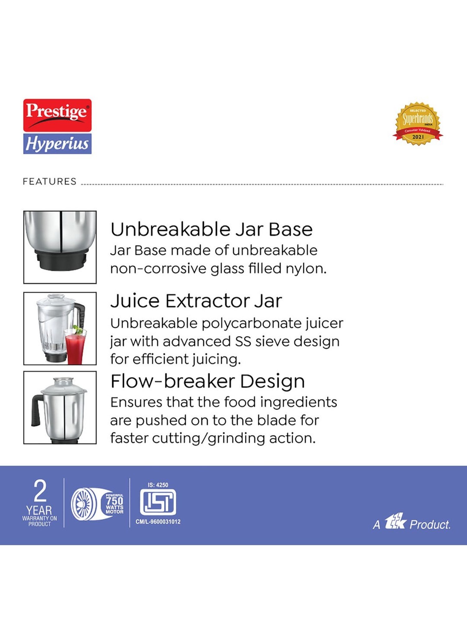 Prestige Hyperius Black 750W Mixer Grinder with 3 Stainless Steel Jars