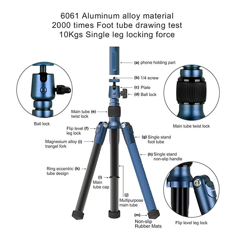 Compatible for Camera Phone Compact Aluminum Tripod,56 Inch 1.87lbs Portable Lightweight Tripod Monopod Stand with Ball Head Phone Grip and Carry Bag for DV Canon Nikon Sony DSLR Cameras (Blue)