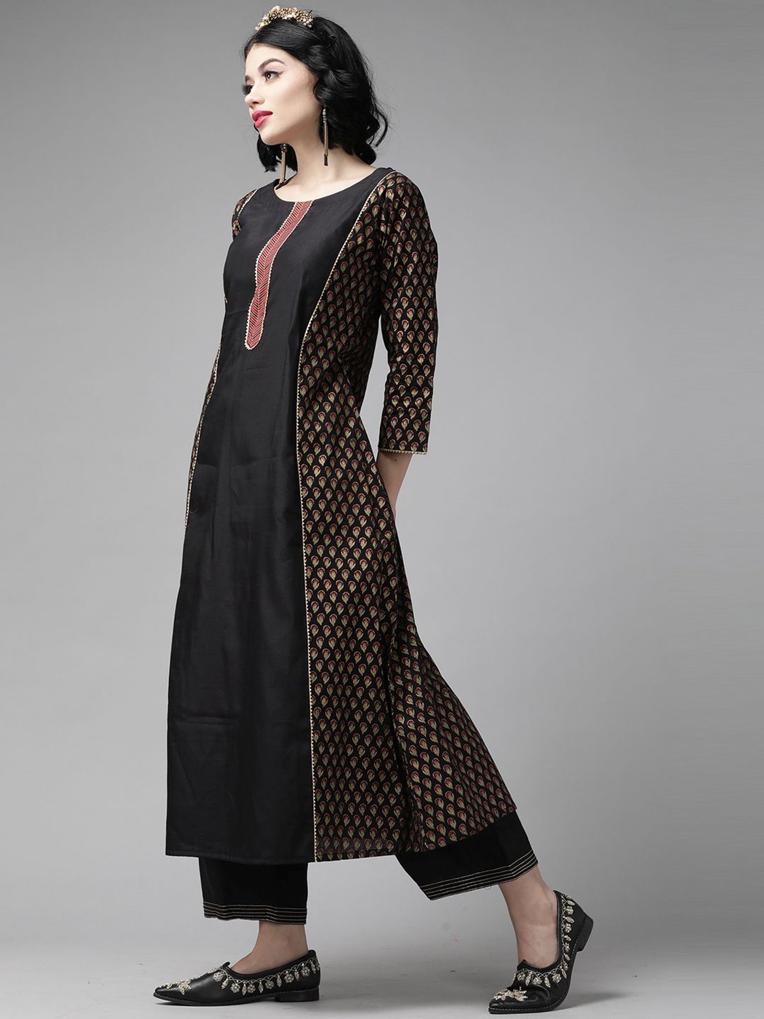 Indo Era Black Printed Kurta Palazzo Set With Dupatta
