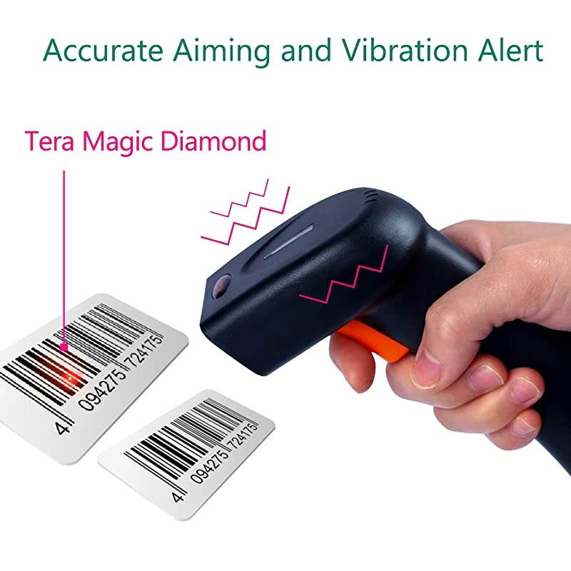 Barcode Scanner Wireless and Wired 1D 2D QR Digital Printed Bar Codes Reader Portable Handheld Barcode Scanner Compact with Magic Diamond Accurate Rapid Aiming System and Vibration Alert