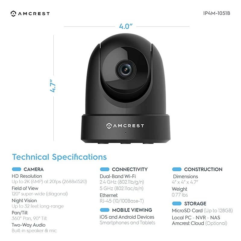 2-Pack  4MP UltraHD Indoor WiFi Camera, Security IP Camera with Pan/Tilt, Two-Way Audio, Remote Viewing, Dual-Band 5ghz/2.4ghz, 4-Megapixel @~20FPS, Wide 120&deg; FOV, 2PACK-IP4M-1051B (Black)