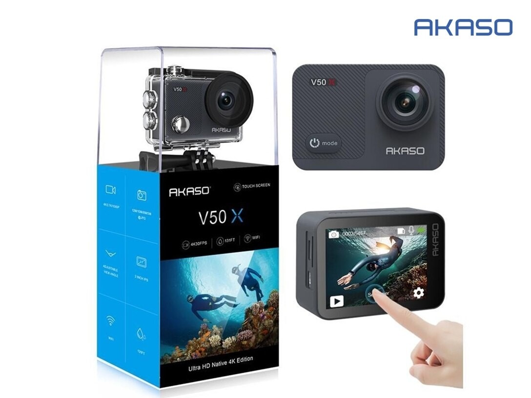 AKASO V50X Native 4K30fps WiFi Action Camera with EIS Touch Screen 4X Zoom 131 feet Waterproof Camera Support External Mic Remote Control Sports Camera with Helmet Accessories Kit