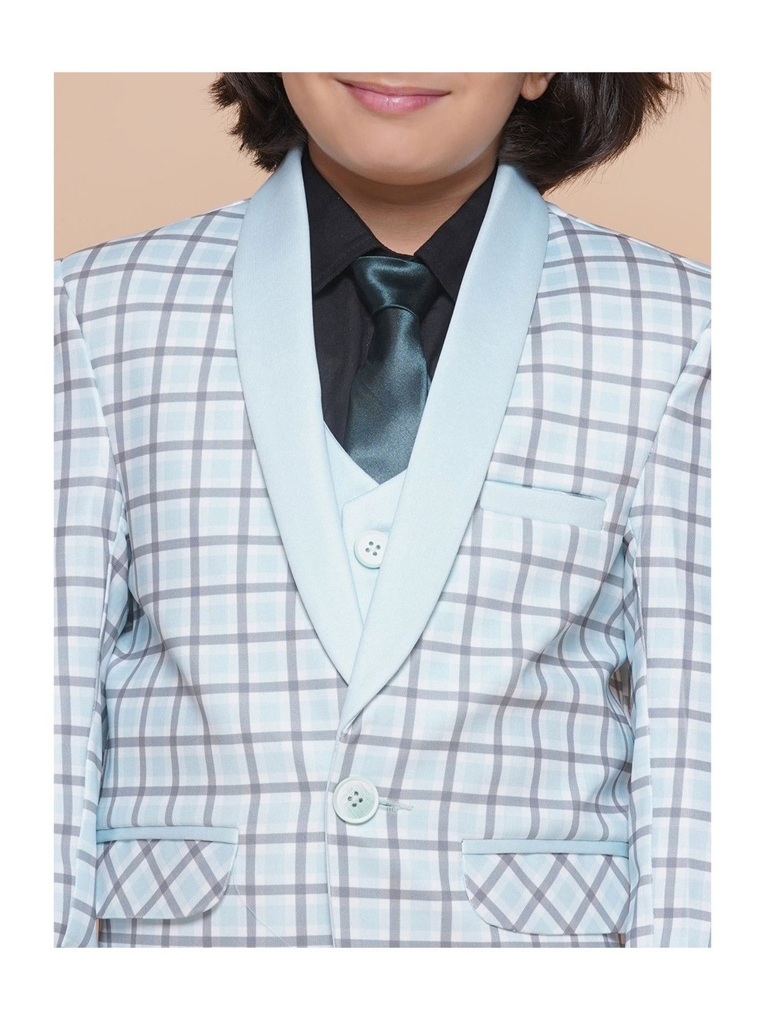 AJ Dezines Kids Sky Blue Checks Full Sleeves Shirt, Pants, Coat, Waistcoat with Tie