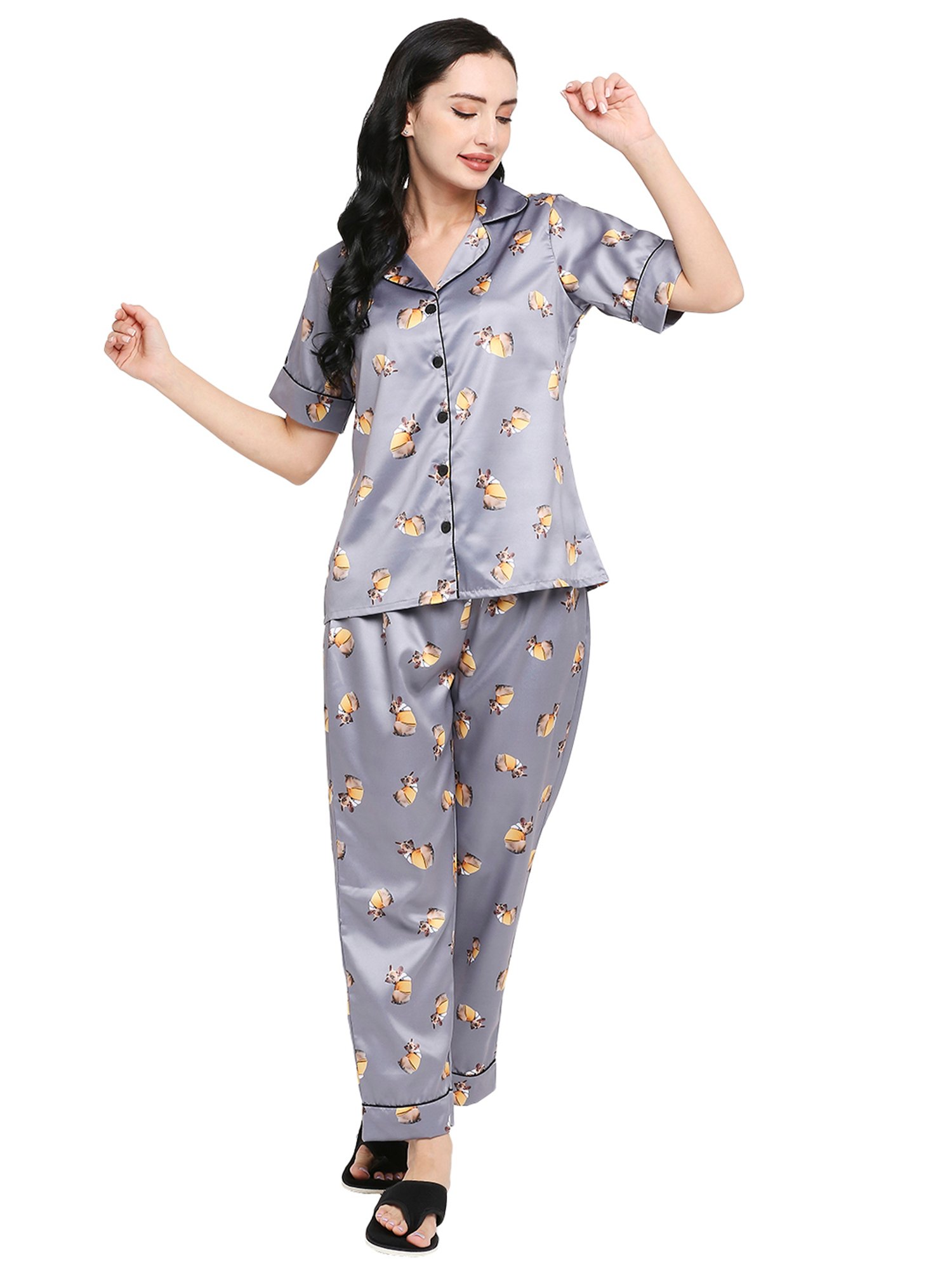Smarty Pants Grey Satin Animal Print Shirt With Pyjamas