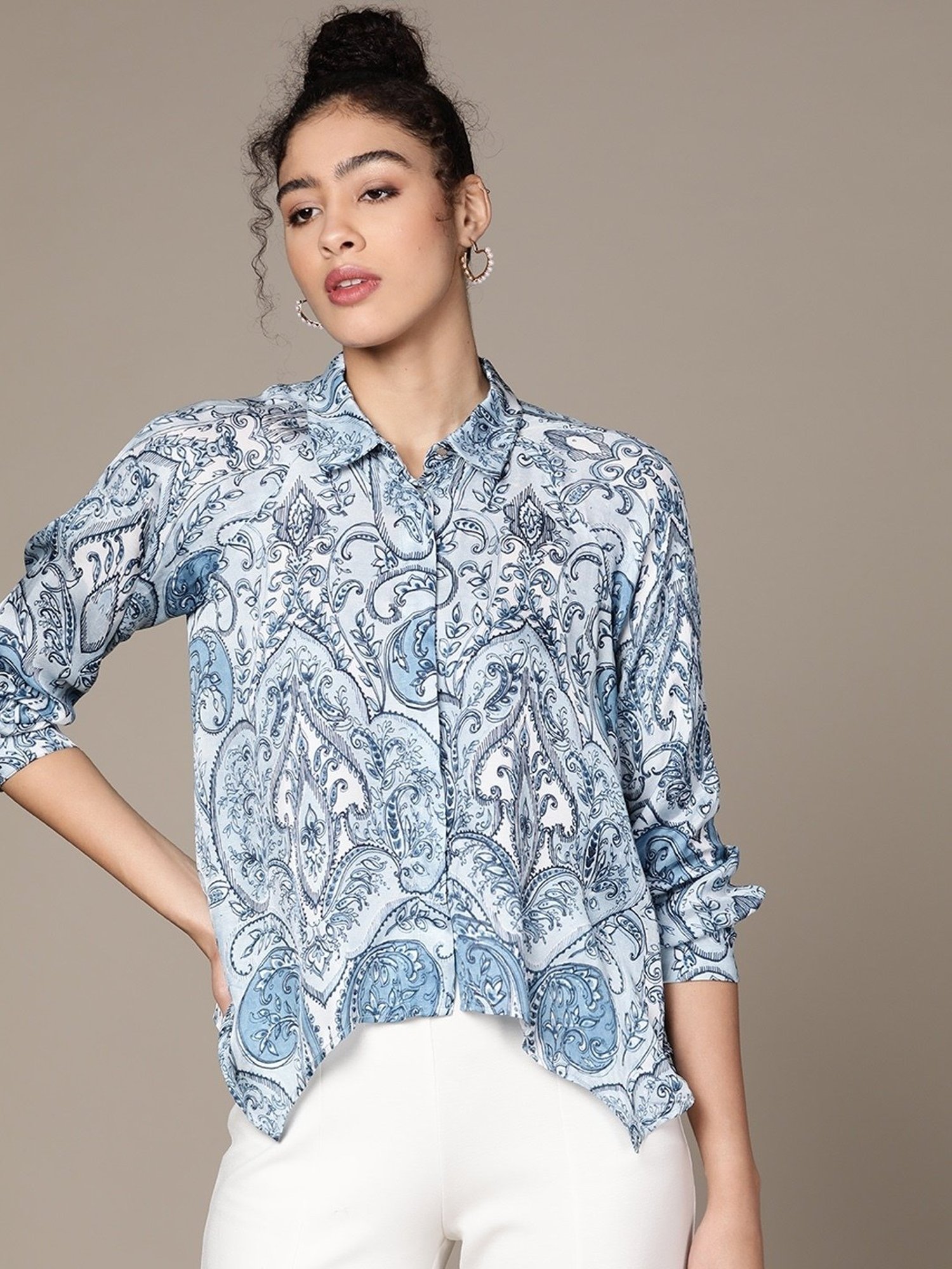 Label Ritu Kumar Blue Satin Printed Asymmetric Satin Shirt
