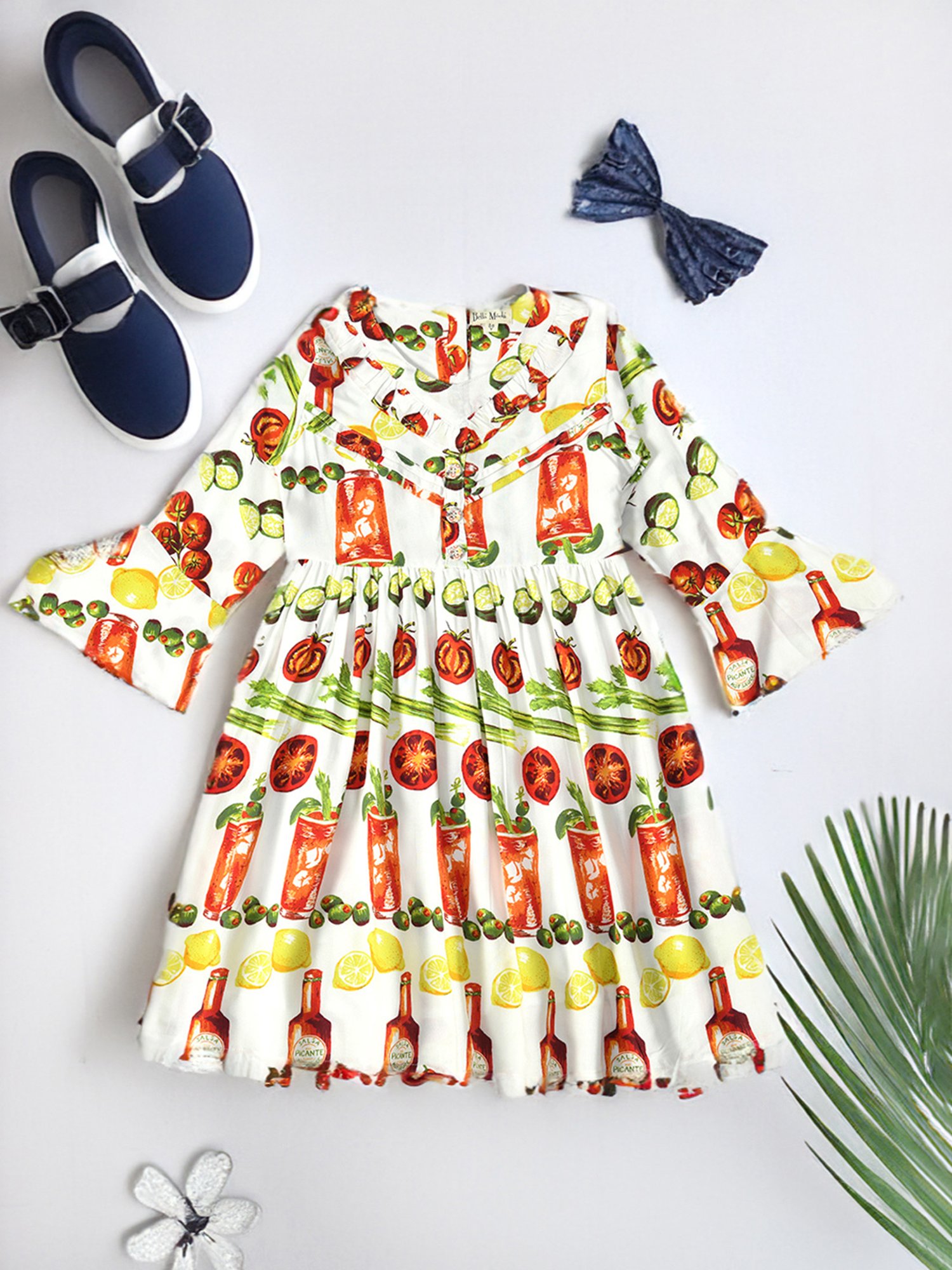 Bella Moda Kids White Printed Full Sleeves Fit & Flare Dress