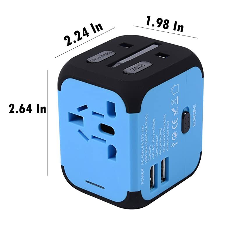 Universal International Travel Power Adapter with 2.4A Dual USB Wall Charger, European Adapter, Worldwide AC Outlet Plugs(A-Type Blue) Adapters for Europe, UK, US, AU, Asia