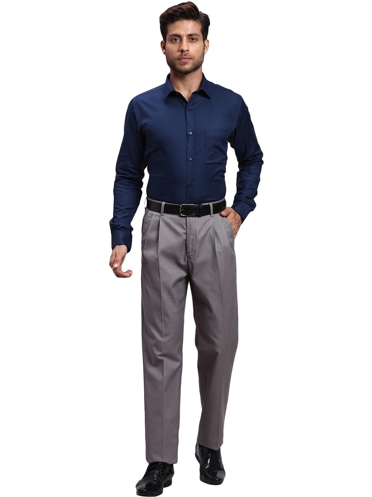ColorPlus Grey Cotton Regular Fit Trousers