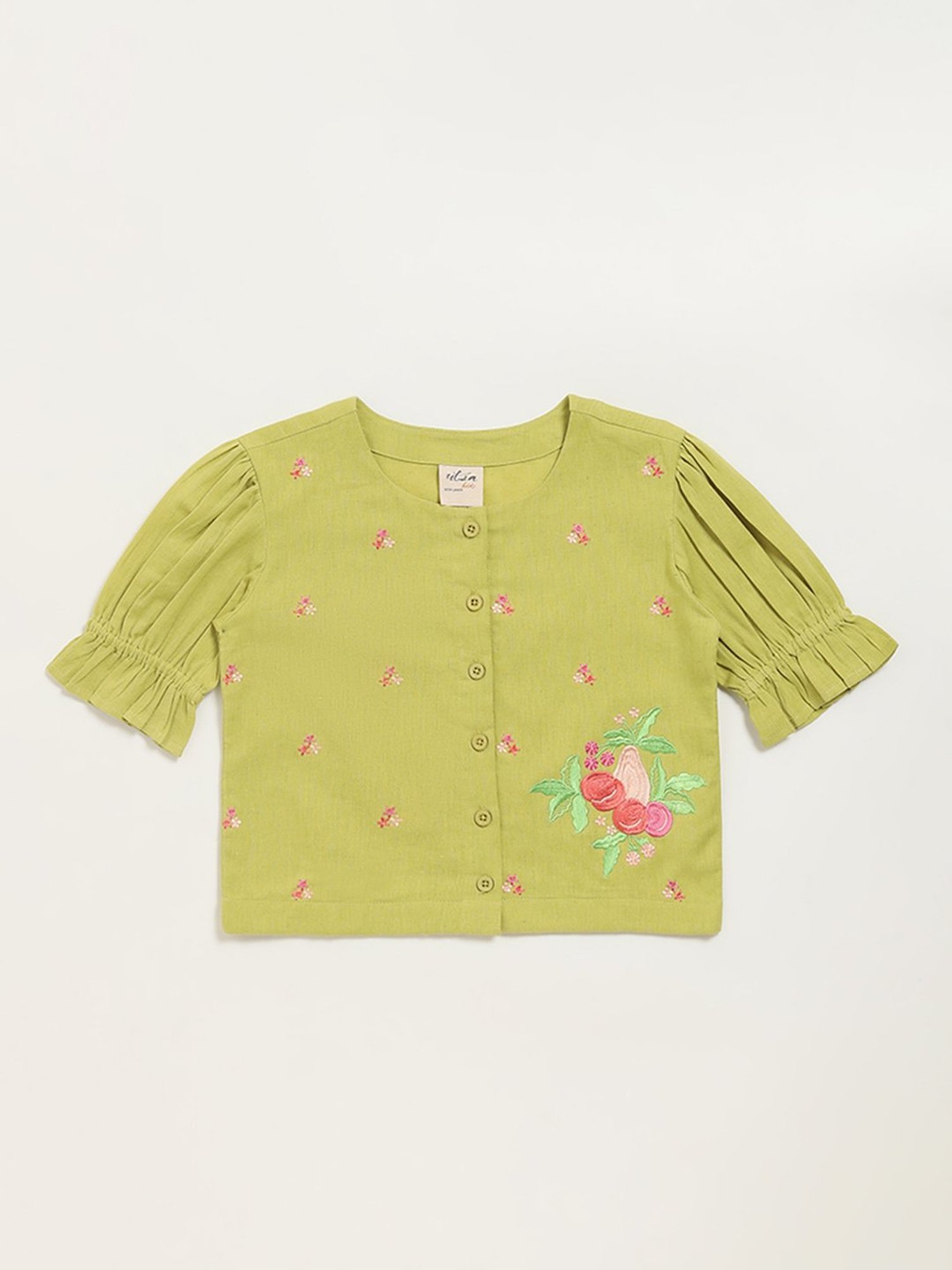 Utsa Kids by Westside Green Button-Up Floral Cotton Blend Top