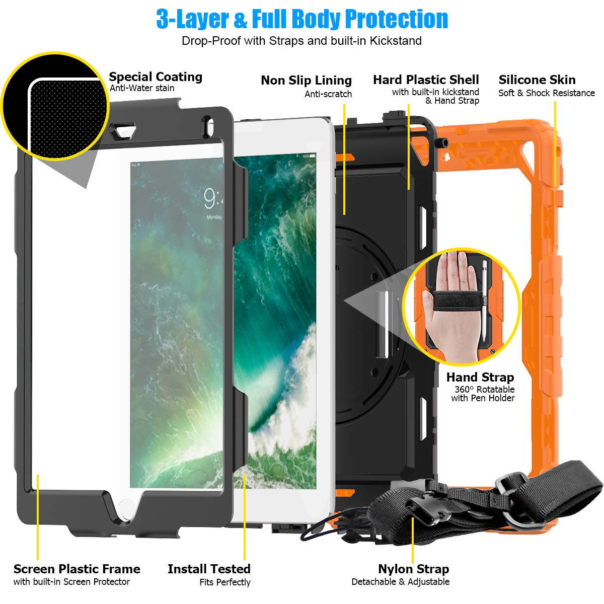 IPad 5th/6th Generation Case,Shockproof, Drop proof, 360 Degree Rotation Kickstand, Hand Strap,Shoulder Strip to Hang in Car Seat.Built-in Screen Protector for New iPad 9.7 2018/2017 Case