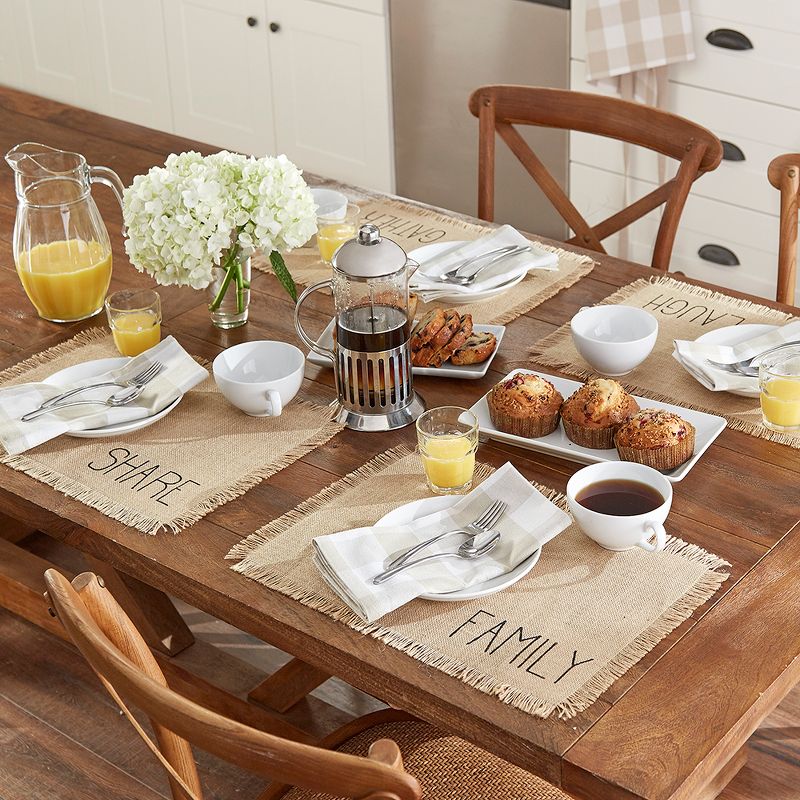 Farmhouse Living Sentiments Burlap Placemats, Set of 4 - 13" x 19" - Natural - Elrene Home Fashions