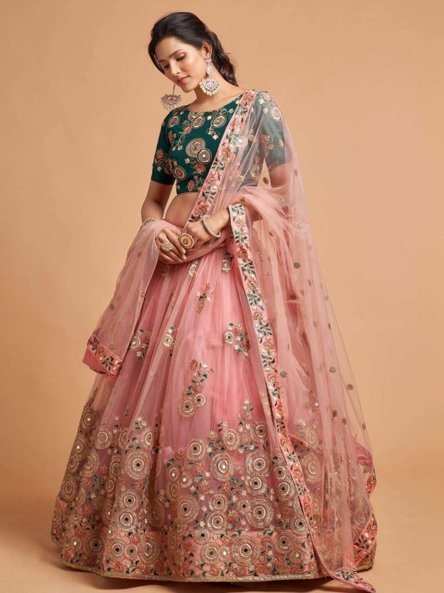 Odette Pink & Green Embroidered Lehenga Choli Set With Dupatta