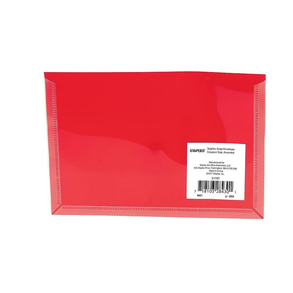 Staples Plastic Envelope with Snap Closure Coupon Size Assorted (51797) 2757006
