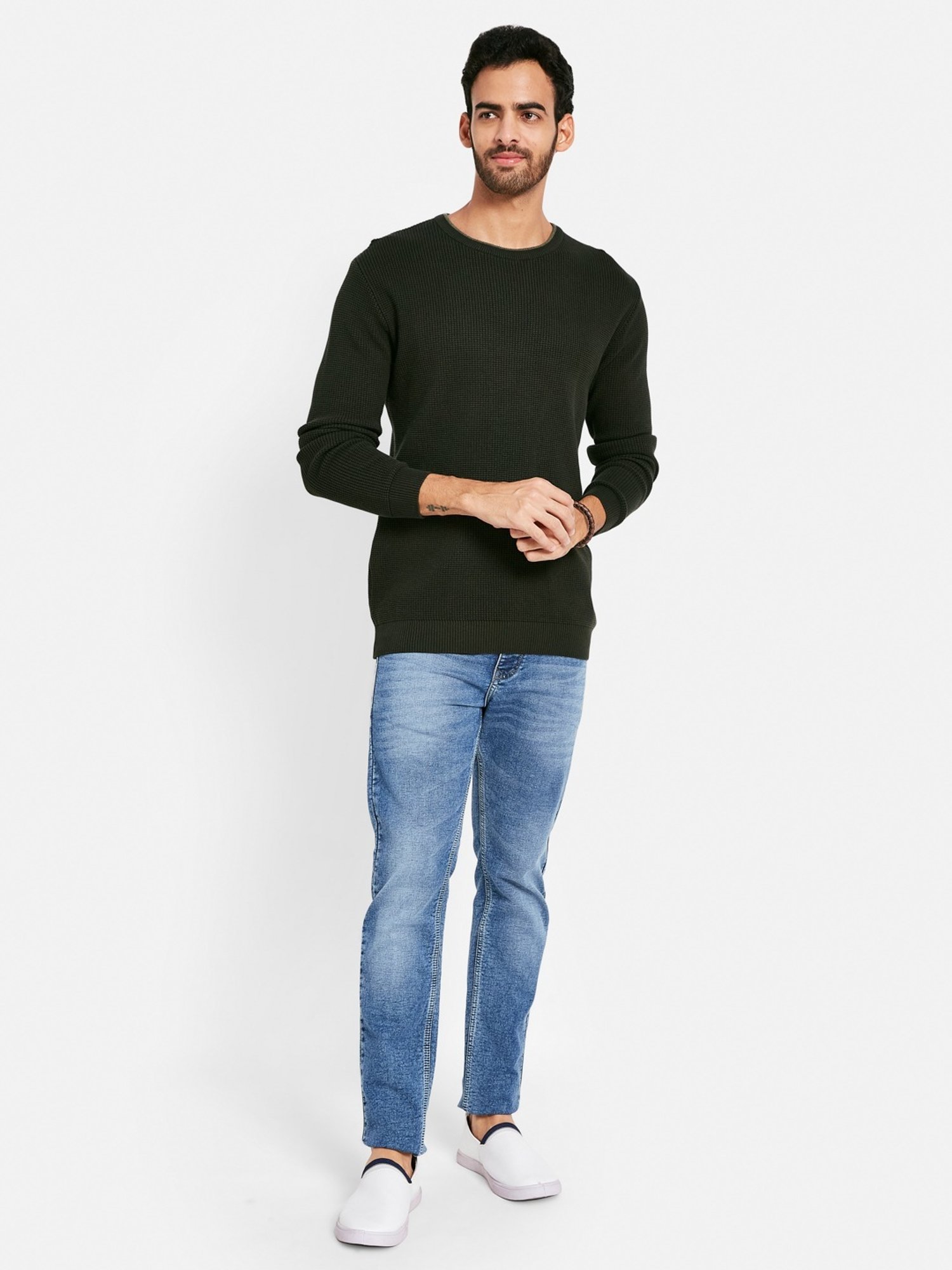 METTLE Olive Cotton Regular Fit Sweater