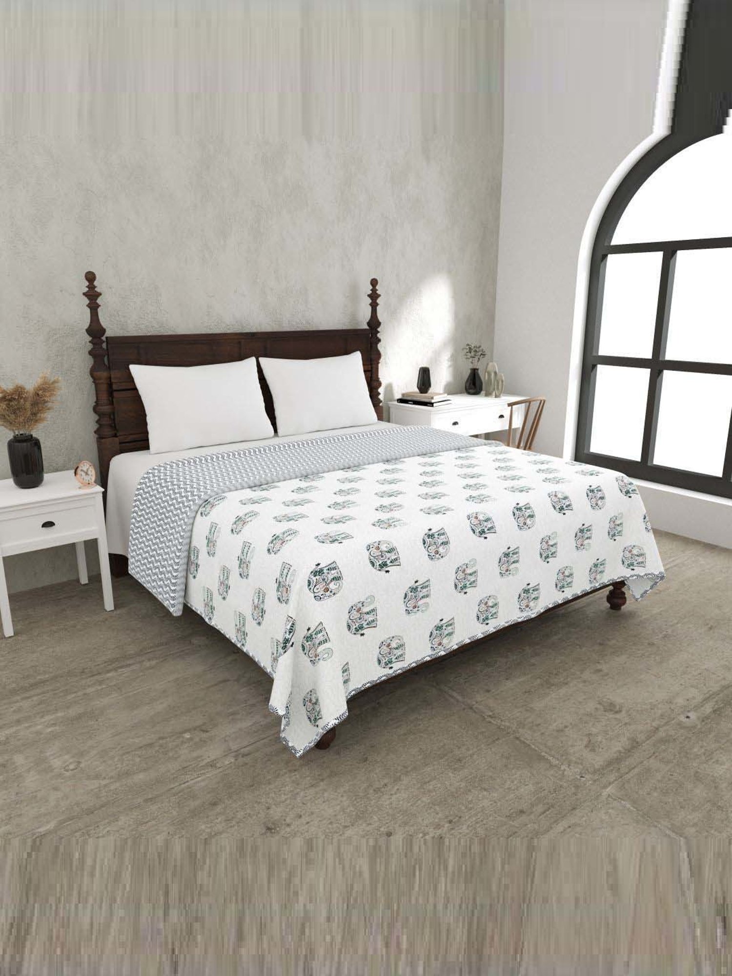 Haus & Kinder Cambric Floral Green & Yellow Cotton Single Reversible Dohar