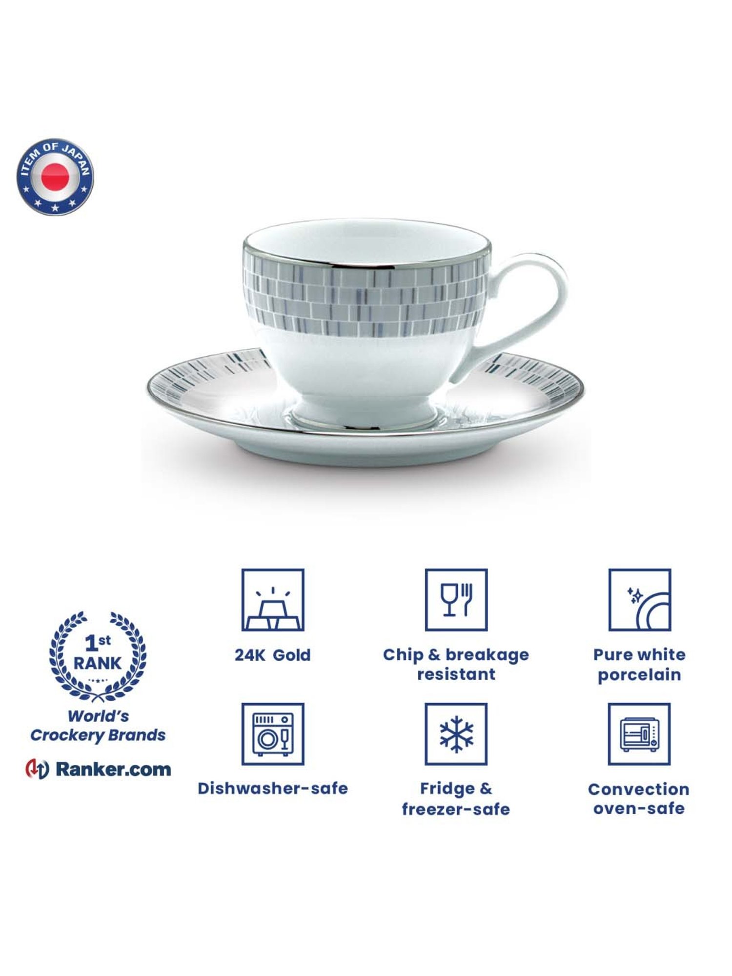 Noritake Ville De Platine White & Grey Porcelain 6 Cups (0.215 L) & 6 Saucers