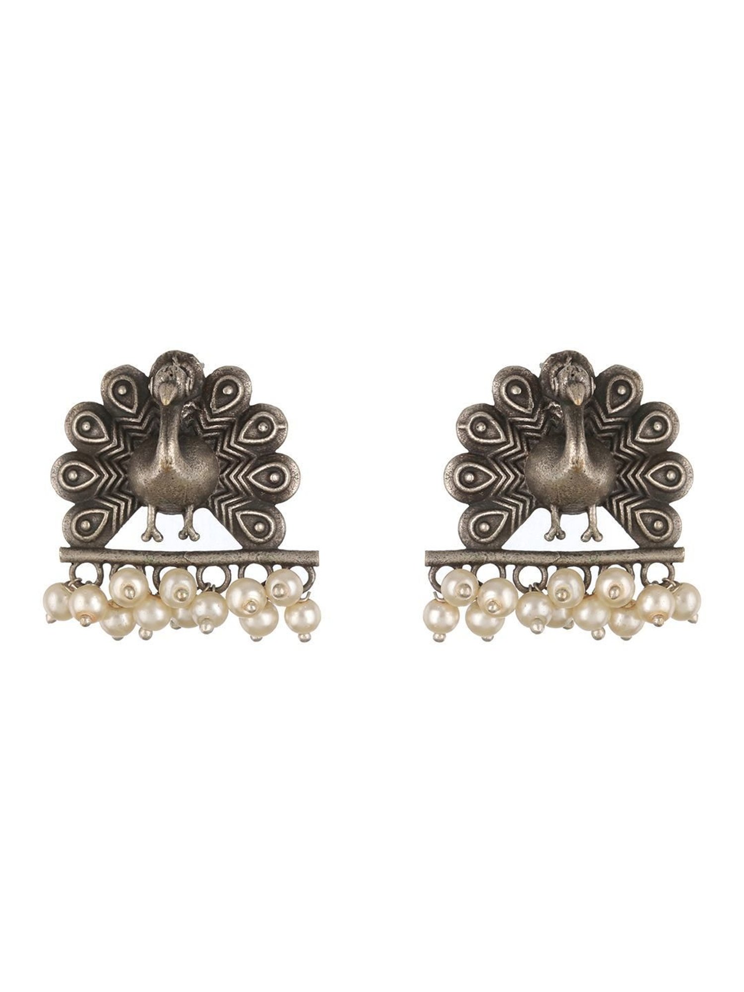 Aatmana Silver-Plated & Pear Beaded Oxidized Peacock Shaped Drop Earrings