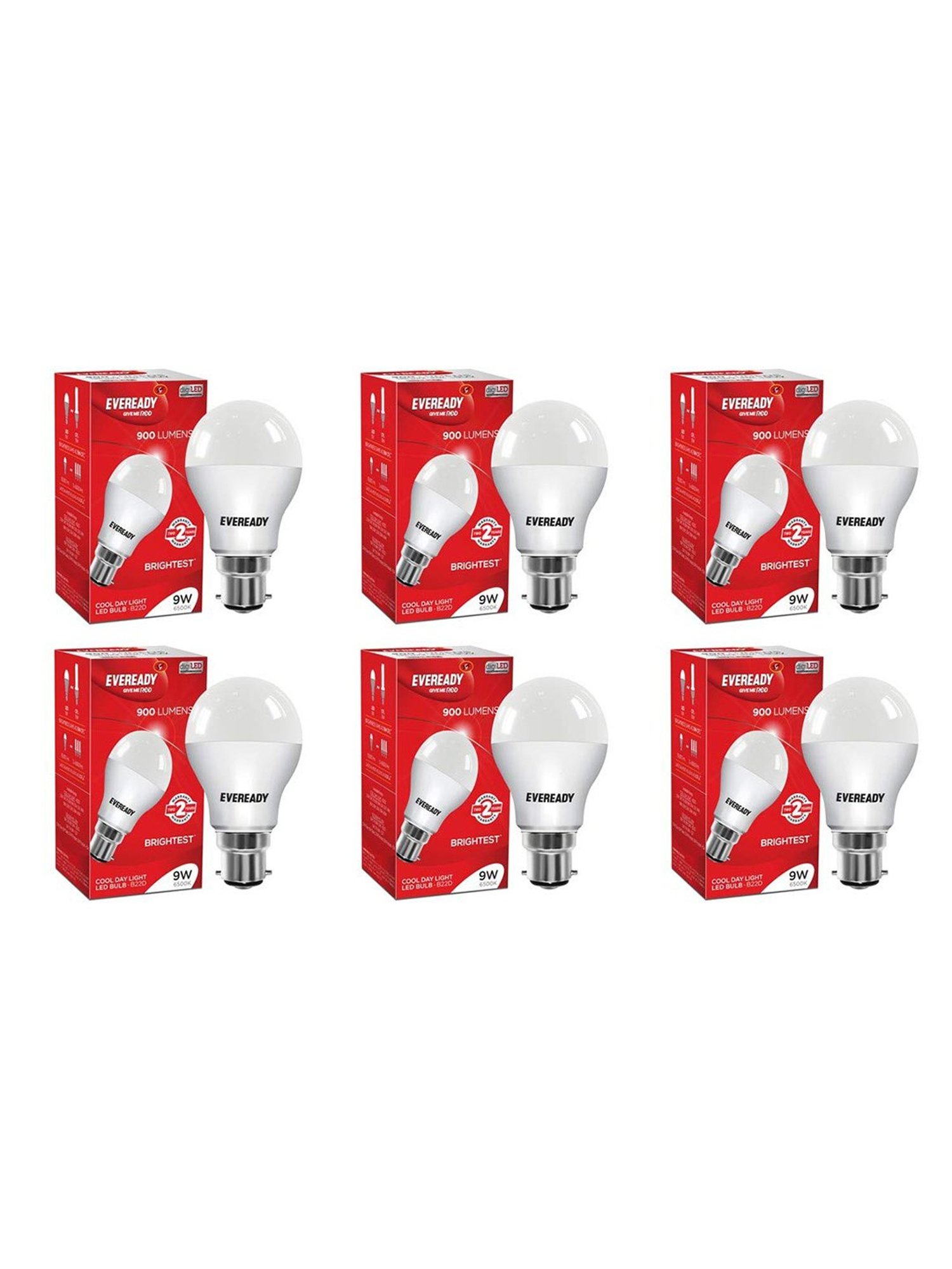 Eveready B22D 9W LED Bulb - Pack of 6 (8901691018027, White)