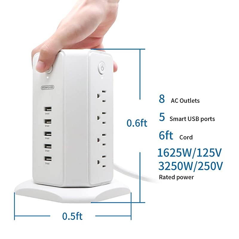 Power Strip Tower  Surge Protector Flat Plug 8 Outlets 5 USB Desktop Charging Station 6ft Extension Cord Individual Switches UL Listed 1080 J Circuit Breaker for Home and Office