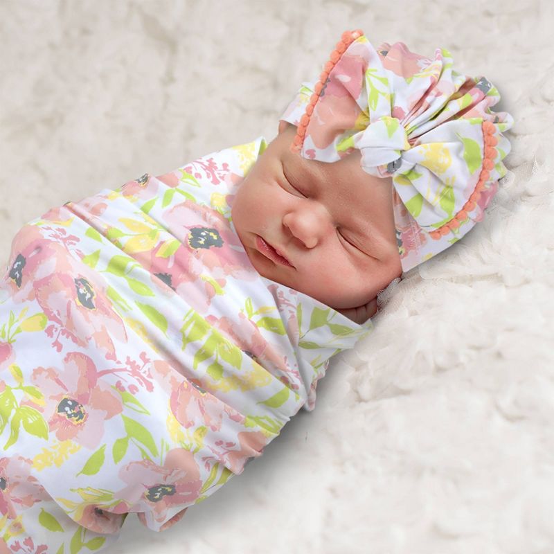 Baby Essentials Soft Floral Swaddle Blanket and Turban Set