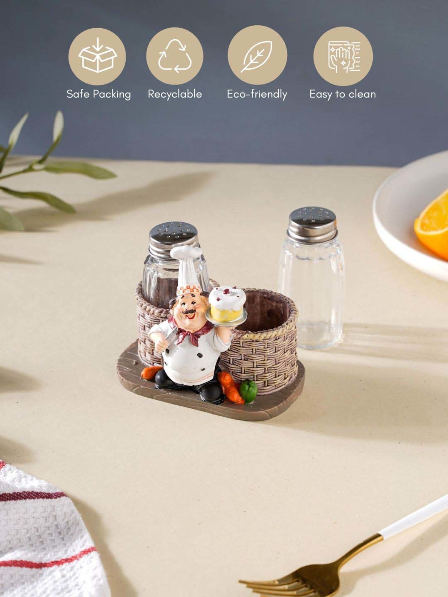 Nestasia Brown & White Resin Table Chef Decor Showpiece With Salt And Pepper Jars for Gifting (4.4")