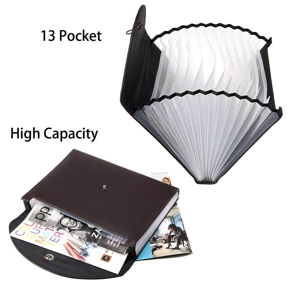 BTSKY PU Leather Expanding File Folders-13 Pockets A4 Letter Size Paper File Folder Accordion Business Document Organizer with Fasteners and Tabs (Brown)