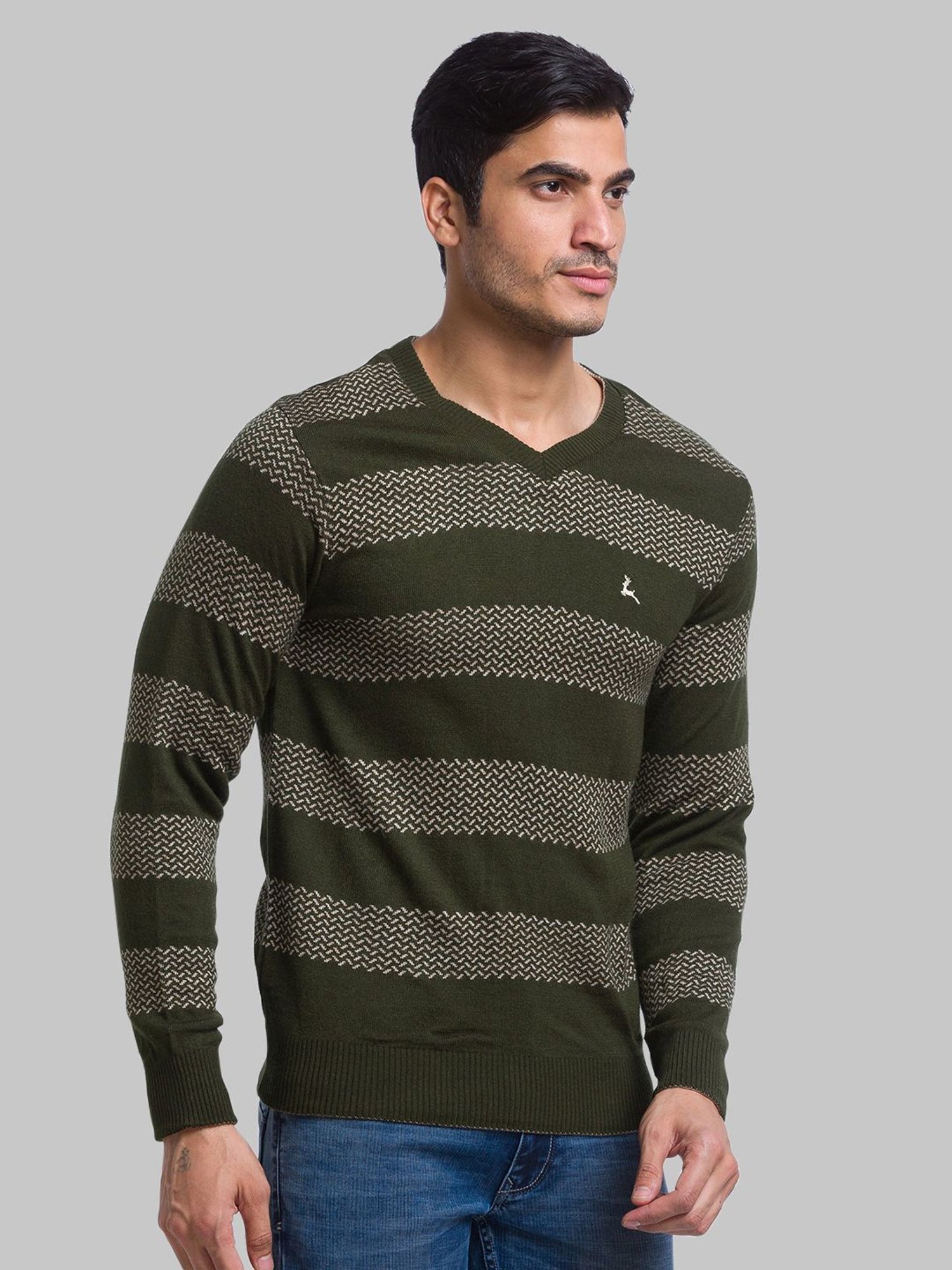 Parx Green Regular Fit Striped Sweater