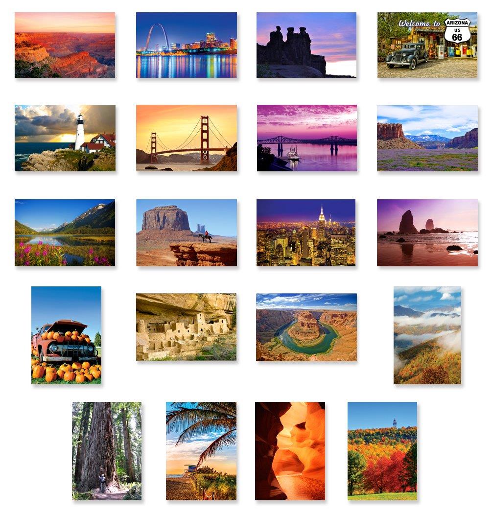 AMERICA THE BEAUTIFUL postcard set of 20. Post card variety pack depicting United States travel sites and American theme postcards. Made in USA.