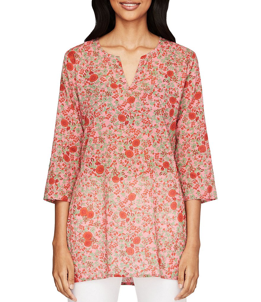 Roller Rabbit Split V-Neck Floral Print Cotton Voile Matching Tunic