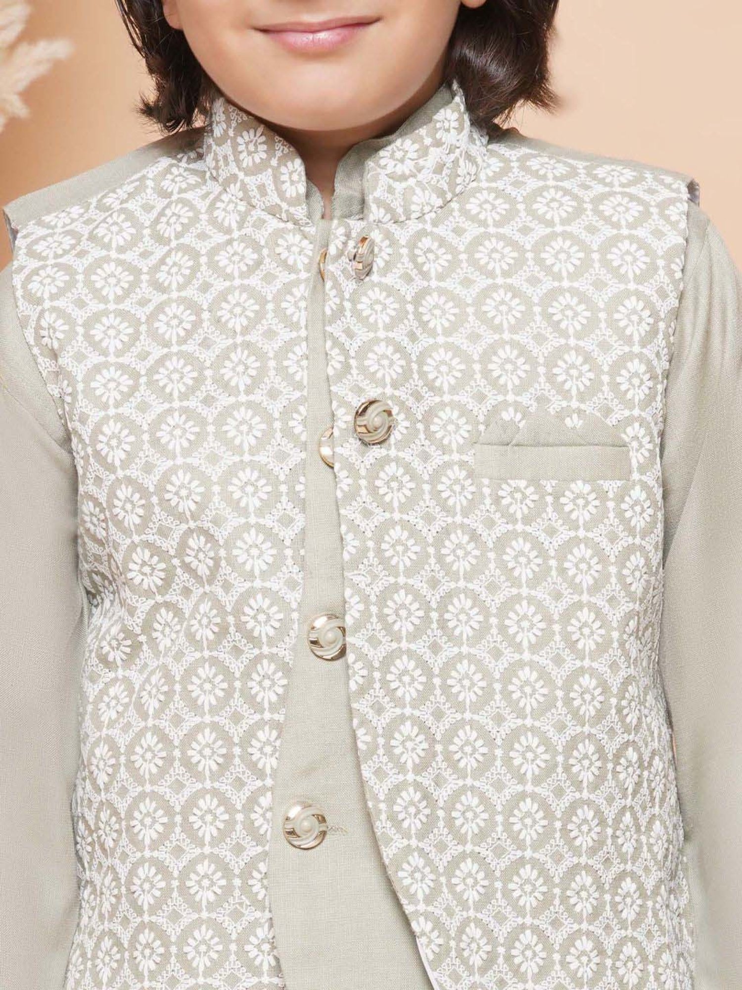 AJ Dezines Kids Pista Green Cotton Embroidered Full Sleeves Kurta Set