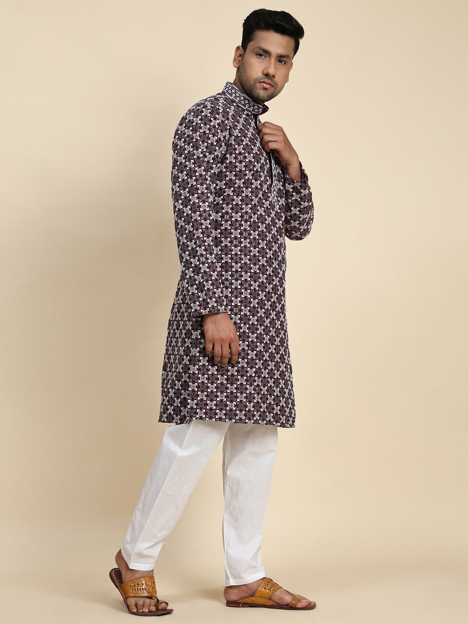 Pro-Ethic Style Developer Wine & White Cotton Regular Fit Embellished Kurta Bottom Set