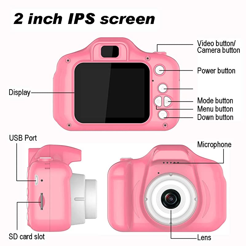 CameraChildren Digital Cameras Kid Action Camera Toddler Video Recorder 1080P IPS 2 InchChild Rechargeable Camera with 16GB TF CardChristmas and Birthday Gifts for Girls Age 38Pink