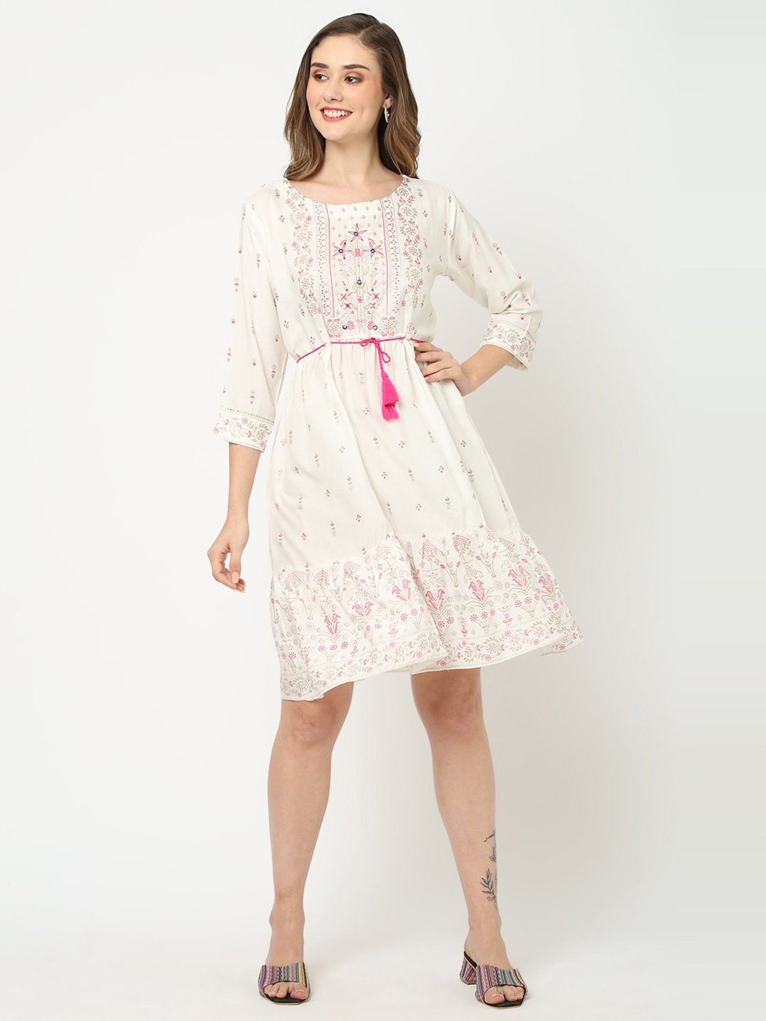 KIANA Off-White Printed A-Line Dress