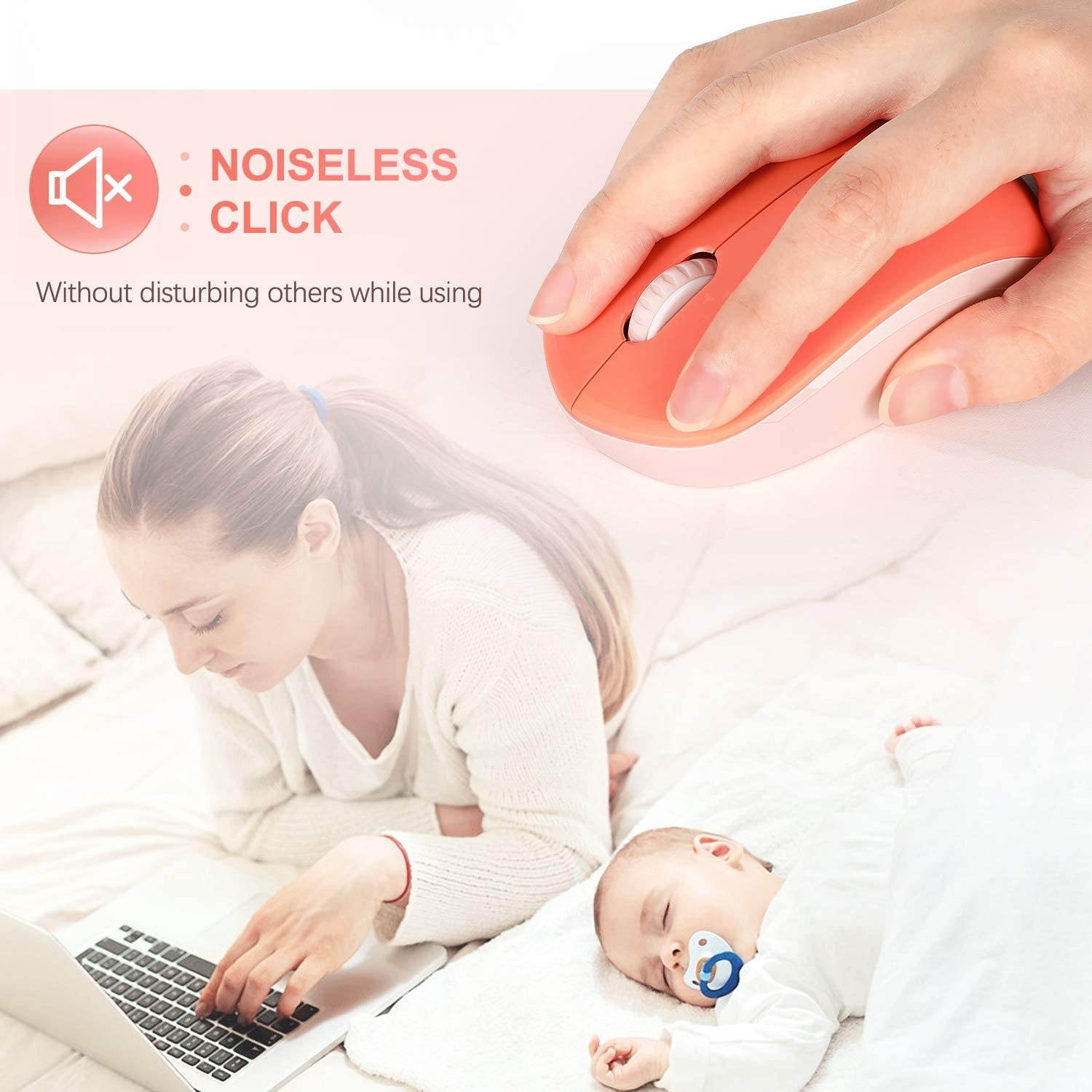 Wireless Mouse 2.4G Noiseless Mouse with USB Receiver - seenda Portable Computer Mice for PC Tablet Laptop - Living Coral&Pink