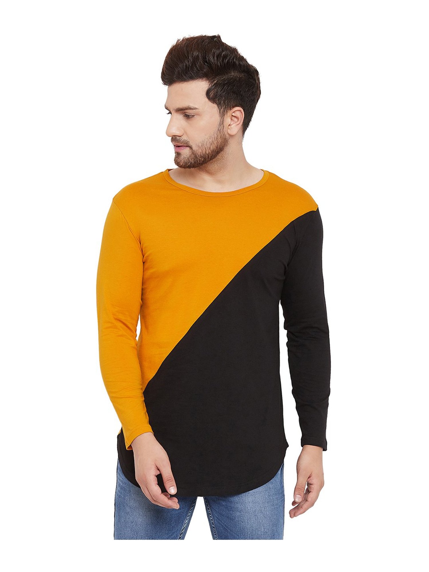 Hypernation Yellow & Black Cotton Regular Fit Color Block T-Shirt