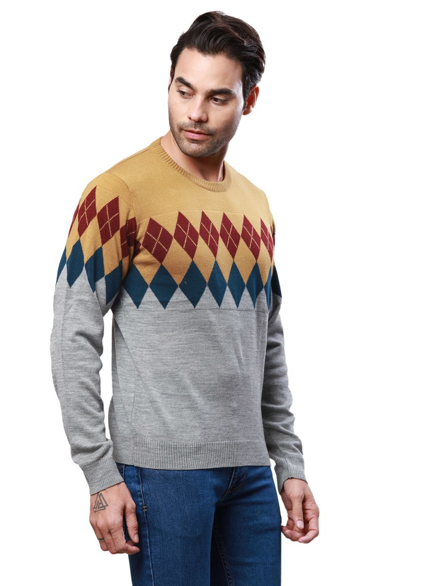 Raymond Grey & Mustard Regular Fit Argyle Sweater