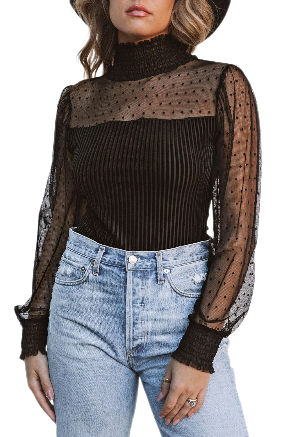 Black Ruffled Mesh Patchwork Slim Fit Bodysuit