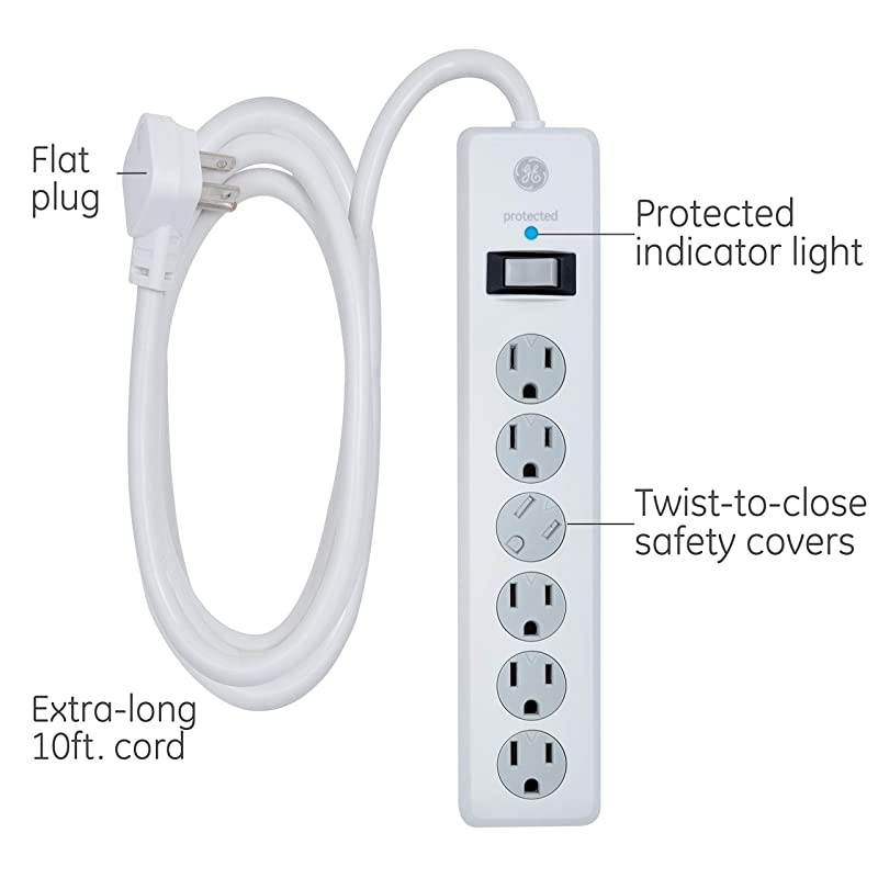 6 Outlet Sur Protector 10 Ft Extension Cord Power Strip 800 Joules Flat Plug TwisttoClose Safety Covers White 14092