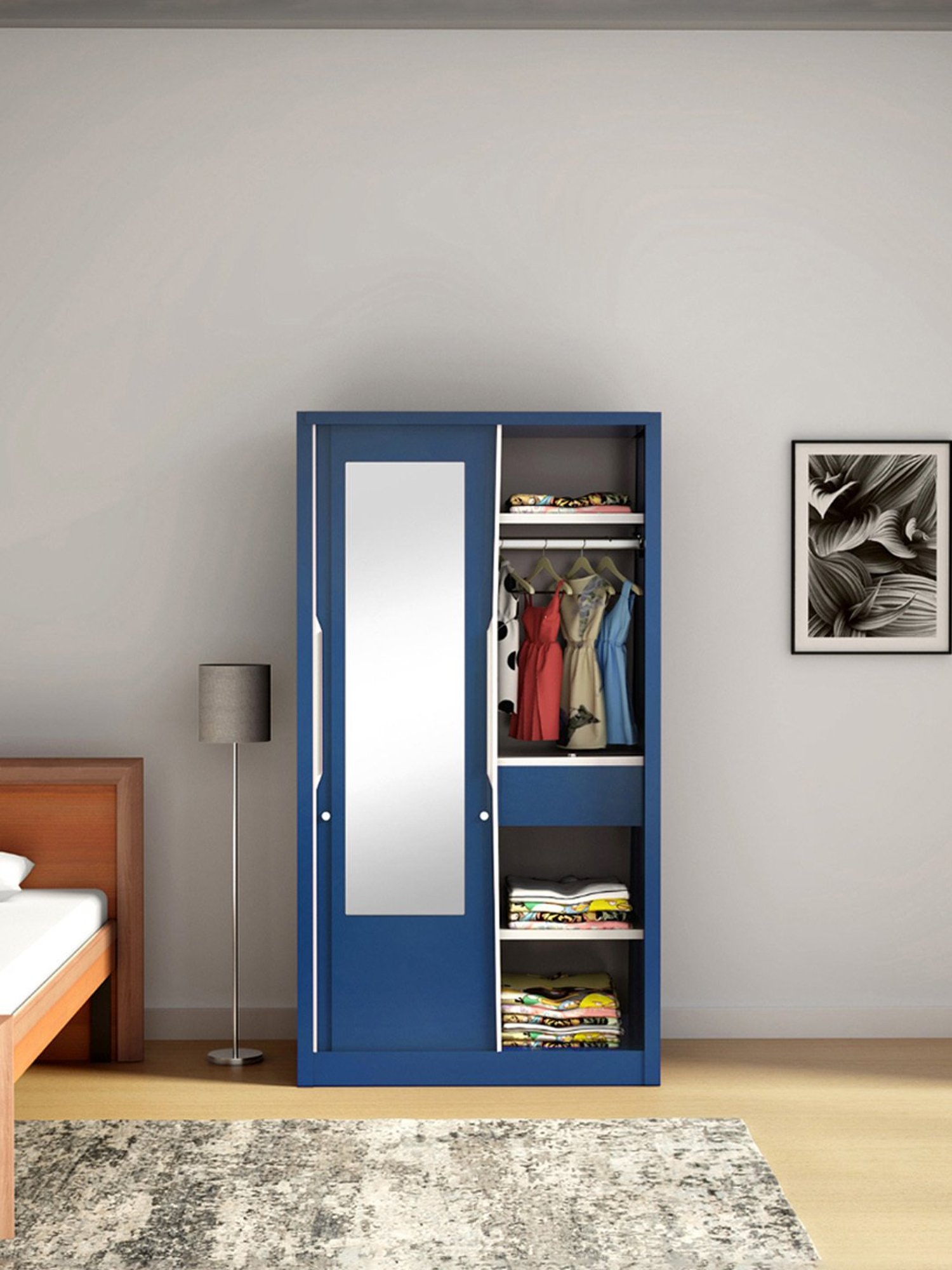 Godrej Interio Slide N Store Pro 2-Door Steel Wardrobe, Phiroja Blue (1-Year Warranty, 1 Drawer)