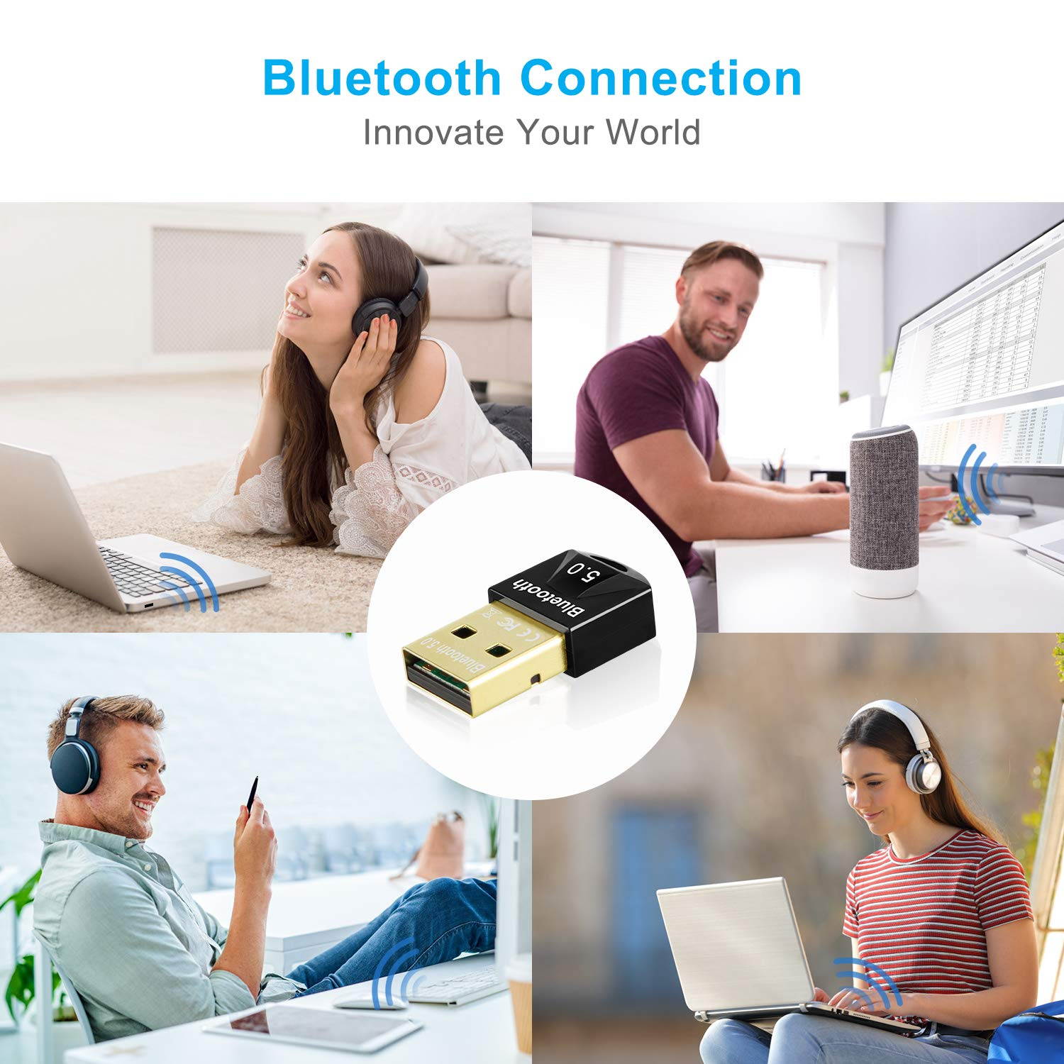 Bluetooth Adapter for PC, Hannord USB Mini Bluetooth 5.0 Dongle for Computer Desktop Wireless Transfer for Laptop Bluetooth Headphones Headset Speakers Keyboard Mouse Printer Windows 10/8.1/8/7