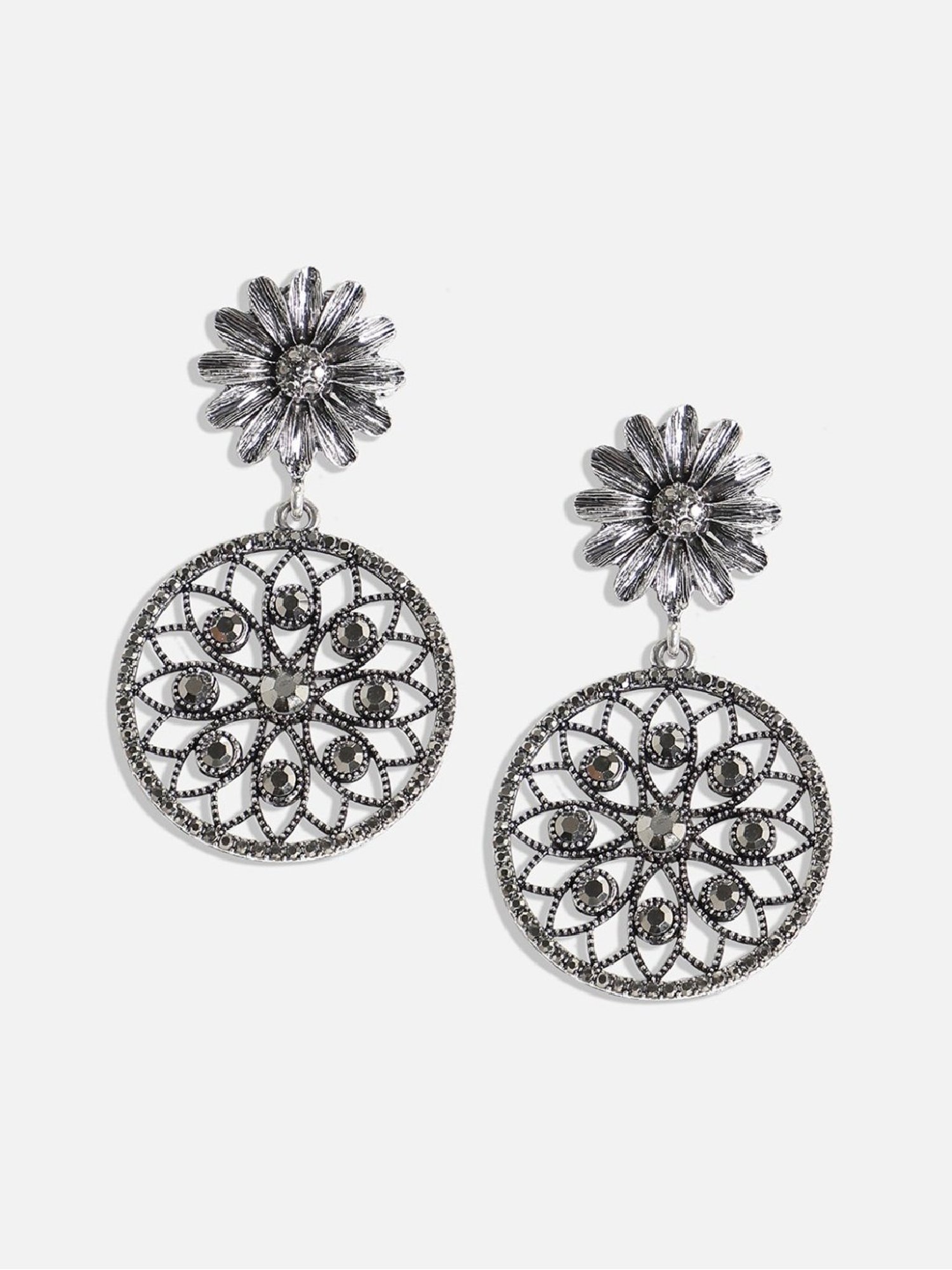 Sohi women's intricate daisy circular drop earrings silver